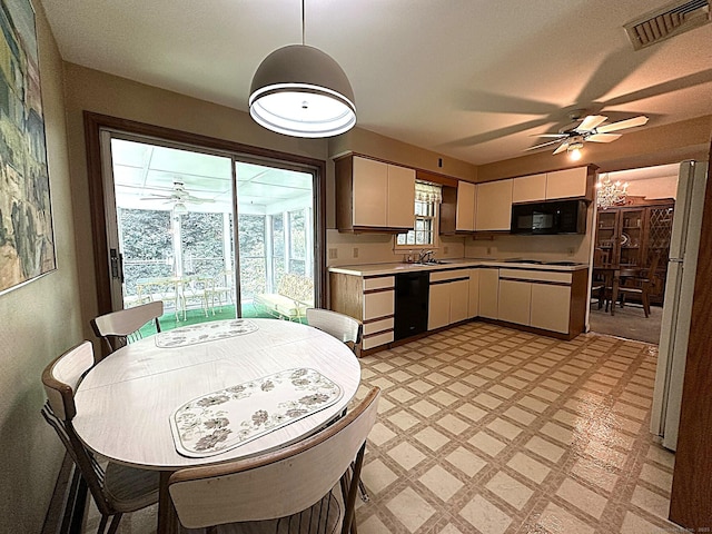 51 Westridge Dr, Avon, CT 06001 - kitchen featuring black appliances, light floors, light countertops, white cabinetry, and ceiling fan