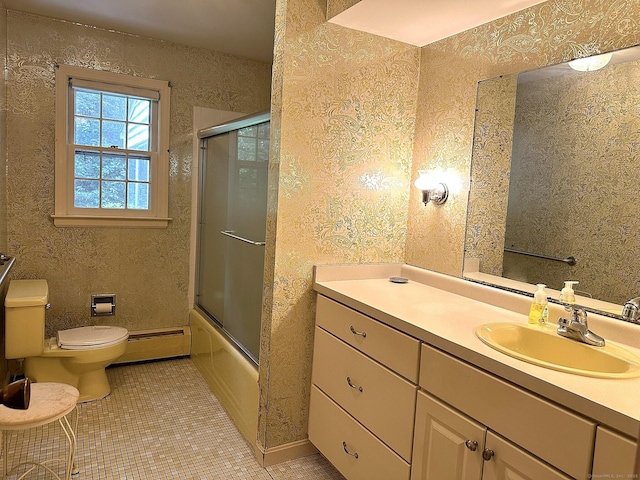 51 Westridge Dr, Avon, CT 06001 - full bathroom featuring baseboard heating, vanity, bath / shower combo with glass door, and tile patterned flooring