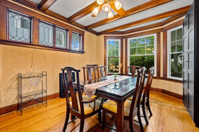 400 Norton Pkwy, New Haven, CT 06511 - dining room with light wood-style flooring, ceiling fan, beamed ceiling, and ornamental molding