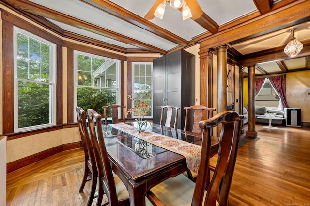 400 Norton Pkwy, New Haven, CT 06511 - dining area featuring crown molding, hardwood / wood-style flooring, decorative columns, beamed ceiling, and a ceiling fan
