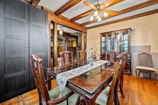 400 Norton Pkwy, New Haven, CT 06511 - dining area with decorative columns, light wood-type flooring, a ceiling fan, crown molding, and beamed ceiling