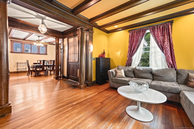 400 Norton Pkwy, New Haven, CT 06511 - living area with ornate columns, coffered ceiling, hardwood / wood-style floors, beam ceiling, and ornamental molding