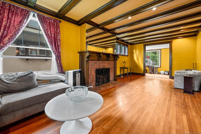 400 Norton Pkwy, New Haven, CT 06511 - living area with a brick fireplace, wood-type flooring, beamed ceiling, and coffered ceiling