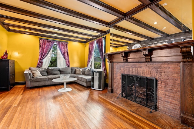400 Norton Pkwy, New Haven, CT 06511 - living room featuring a fireplace, wood-type flooring, and beam ceiling