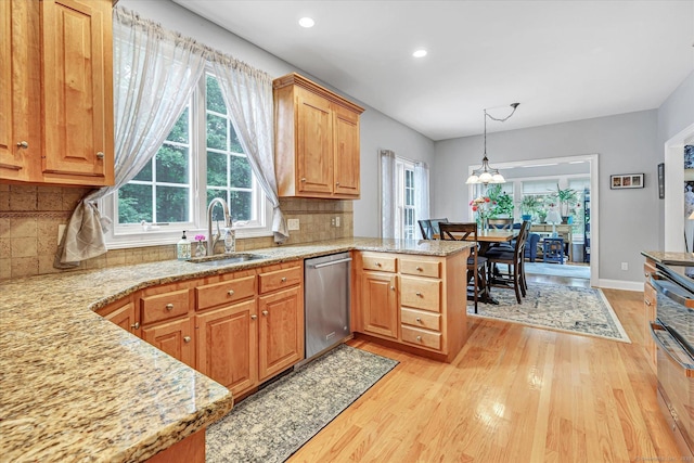 24 Windflower Ln, Shelton, CT 06484 - kitchen featuring dishwasher, a peninsula, light wood-style flooring, recessed lighting, and pendant lighting