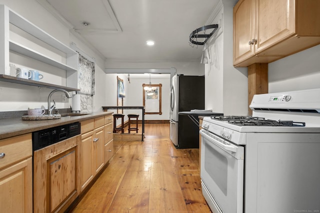 1276 N Ave, Stratford, CT 06614 - kitchen with white gas range oven, dishwasher, open shelves, freestanding refrigerator, and light wood-type flooring