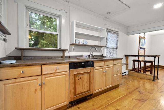 1276 N Ave, Stratford, CT 06614 - kitchen featuring paneled dishwasher, open shelves, light wood-style floors, dark countertops, and crown molding