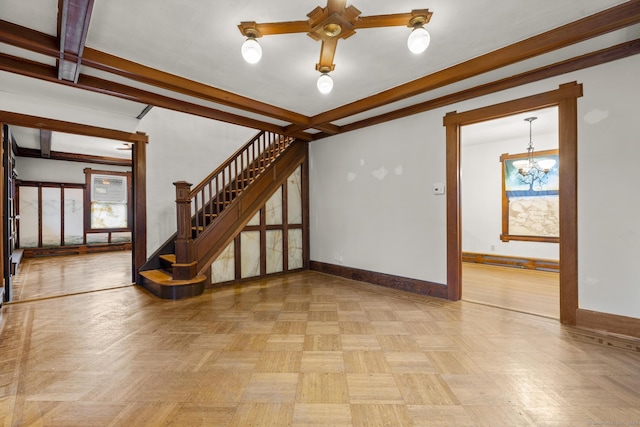 1276 N Ave, Stratford, CT 06614 - unfurnished living room with a chandelier, stairs, and a ceiling fan