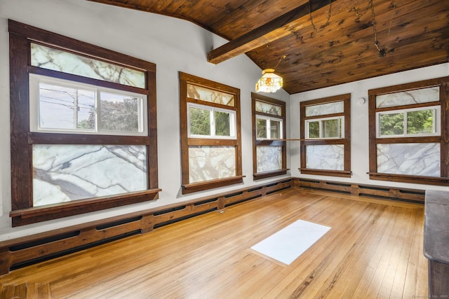 1276 N Ave, Stratford, CT 06614 - empty room with wooden ceiling, hardwood / wood-style floors, a chandelier, and a baseboard heating unit