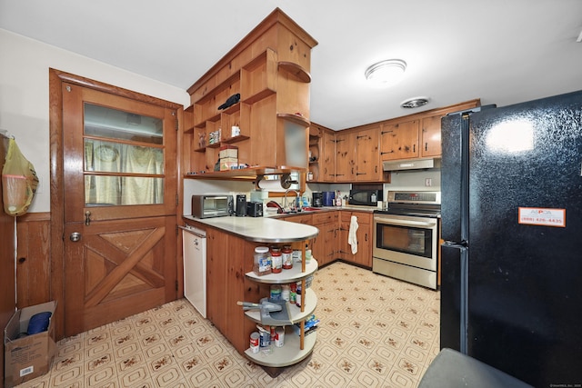 211 Pembroke Ave, Waterbury, CT 06704 - kitchen with black appliances, open shelves, a peninsula, and under cabinet range hood