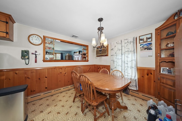 211 Pembroke Ave, Waterbury, CT 06704 - dining room with baseboard heating, wainscoting, a chandelier, wooden walls, and light flooring