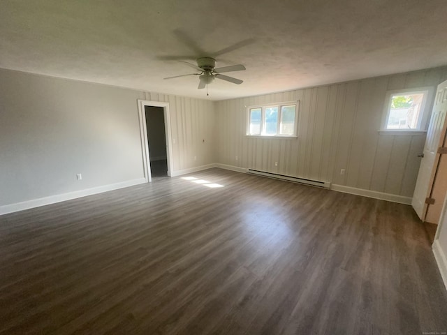 855 Thompsonville Rd, Suffield, CT 06078 - empty room featuring baseboard heating, dark wood-style floors, ceiling fan, and plenty of natural light