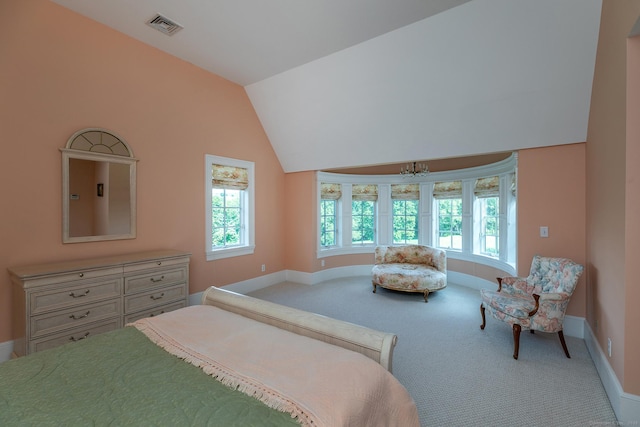 370 Northrop St, Bridgewater, CT 06752 - bedroom featuring carpet flooring, lofted ceiling, and a chandelier