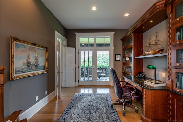 370 Northrop St, Bridgewater, CT 06752 - office area with french doors, recessed lighting, light wood finished floors, and built in study area