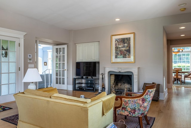 370 Northrop St, Bridgewater, CT 06752 - living room featuring light wood-type flooring, a high end fireplace, and recessed lighting