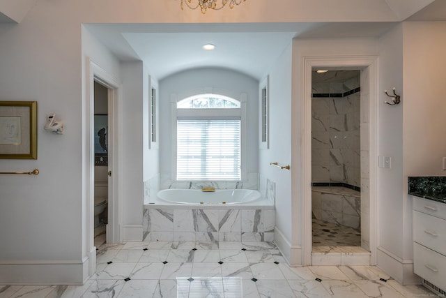370 Northrop St, Bridgewater, CT 06752 - bathroom featuring marble finish flooring, a garden tub, a stall shower, and recessed lighting