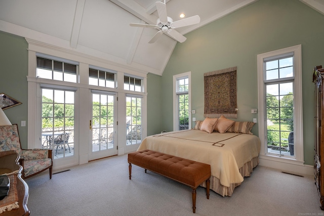 370 Northrop St, Bridgewater, CT 06752 - bedroom with high vaulted ceiling, access to outside, light colored carpet, beam ceiling, and ceiling fan