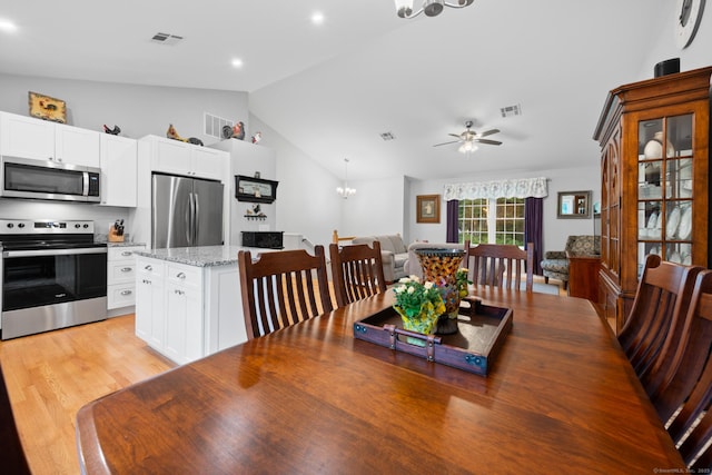 233 W Rd, East Haddam, CT 06420 - dining room with lofted ceiling, ceiling fan, a chandelier, light wood-style flooring, and recessed lighting
