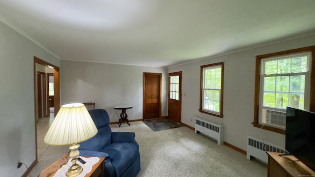 147 Smith Hill Rd, Winchester, CT 06098 - entrance foyer with radiator, light colored carpet, ornamental molding, and cooling unit