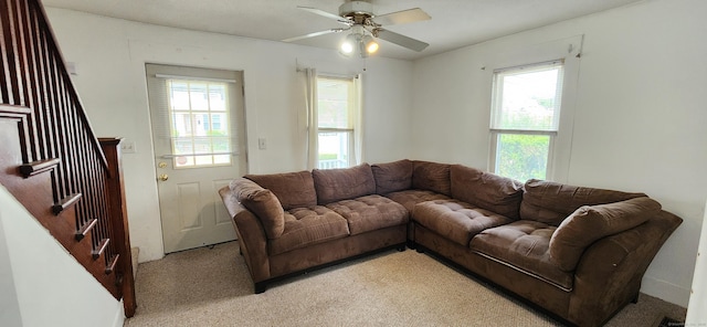 108 School St, Hamden, CT 06518 - living area featuring healthy amount of natural light, light colored carpet, a ceiling fan, and stairs