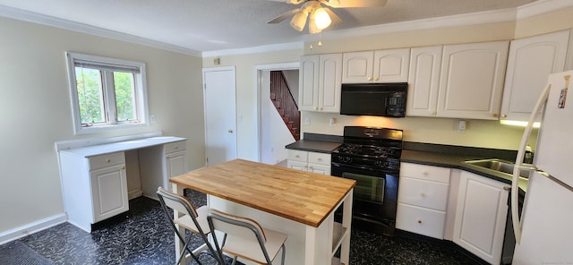 108 School St, Hamden, CT 06518 - kitchen featuring black appliances, butcher block counters, white cabinets, a ceiling fan, and crown molding