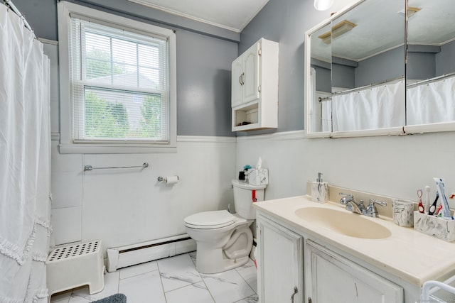6 Rau Street Ext, Vernon, CT 06066 - full bathroom featuring a baseboard radiator, marble finish floors, vanity, a wainscoted wall, and a shower with shower curtain