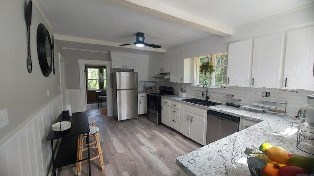 62 Park St, Stafford, CT 06076 - kitchen with appliances with stainless steel finishes, under cabinet range hood, plenty of natural light, backsplash, and beam ceiling