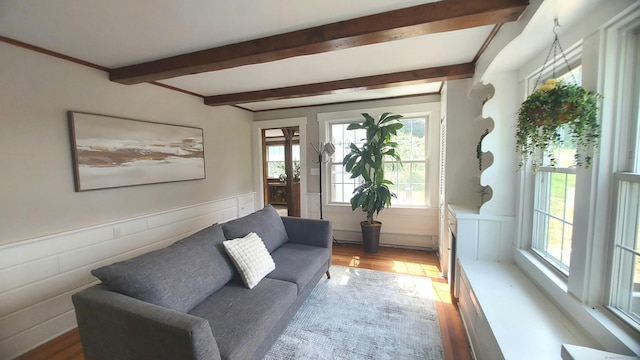 62 Park St, Stafford, CT 06076 - living room with wood finished floors, wainscoting, beam ceiling, and baseboard heating