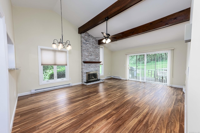 17 Pilgrim Hbr Unit A, Wallingford, CT 06492 - unfurnished living room with a baseboard radiator, a ceiling fan, wood finished floors, a chandelier, and plenty of natural light