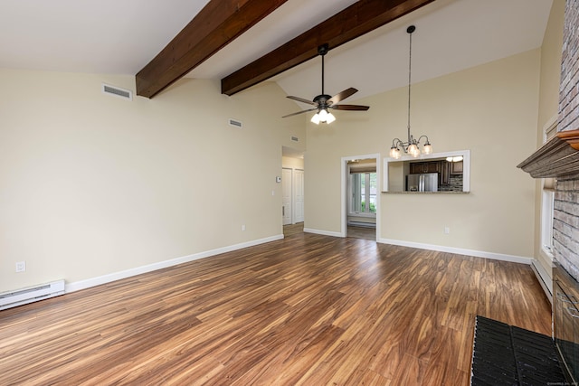17 Pilgrim Hbr Unit A, Wallingford, CT 06492 - unfurnished living room with a fireplace, wood finished floors, a ceiling fan, a chandelier, and high vaulted ceiling
