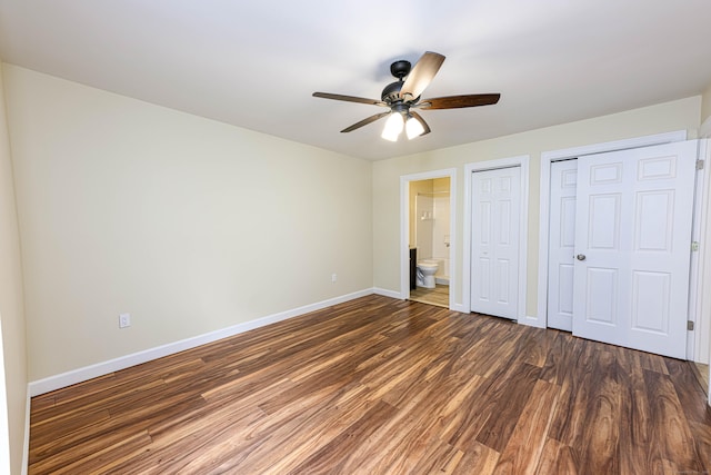 17 Pilgrim Hbr Unit A, Wallingford, CT 06492 - unfurnished bedroom with wood finished floors, multiple closets, ensuite bathroom, and a ceiling fan