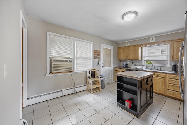 116 Esther Ave, Waterbury, CT 06708 - kitchen with baseboard heating, light tile patterned floors, cooling unit, a kitchen island, and open shelves