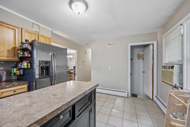 116 Esther Ave, Waterbury, CT 06708 - kitchen featuring a baseboard radiator, stainless steel refrigerator with ice dispenser, light tile patterned flooring, and tasteful backsplash