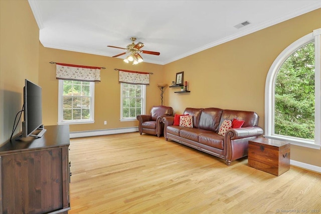 2 Kimberly Way, Marlborough, CT 06447 - living room featuring a baseboard radiator, light wood-style flooring, ceiling fan, ornamental molding, and plenty of natural light