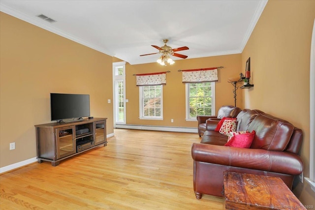 2 Kimberly Way, Marlborough, CT 06447 - living room with a baseboard heating unit, light wood-style floors, ornamental molding, and ceiling fan