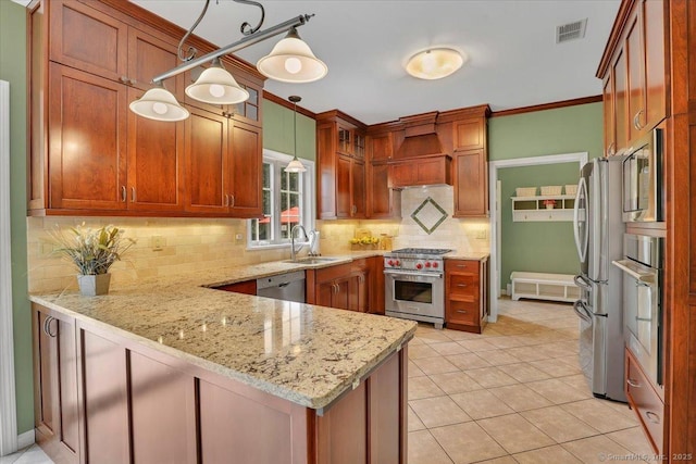 2 Kimberly Way, Marlborough, CT 06447 - kitchen with stainless steel appliances, custom exhaust hood, a peninsula, tasteful backsplash, and light stone counters