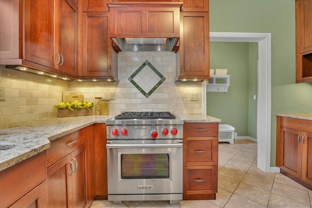 2 Kimberly Way, Marlborough, CT 06447 - kitchen with designer stove, tasteful backsplash, extractor fan, light stone countertops, and light tile patterned flooring