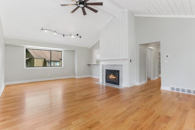 194 Bayfield Ln Unit A, Stratford, CT 06614 - unfurnished living room with a ceiling fan, wood ceiling, a fireplace, light wood finished floors, and high vaulted ceiling