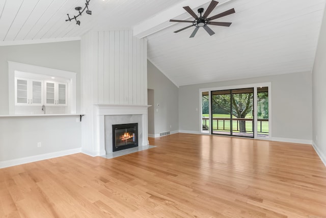 194 Bayfield Ln Unit A, Stratford, CT 06614 - unfurnished living room with a premium fireplace, light wood-style floors, a ceiling fan, and wood ceiling
