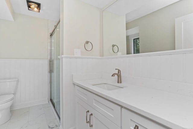 194 Bayfield Ln Unit A, Stratford, CT 06614 - full bath with marble finish floors, vanity, a stall shower, and wainscoting