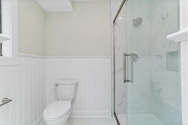 194 Bayfield Ln Unit A, Stratford, CT 06614 - full bath with marble look tiles, a marble finish shower, and a wainscoted wall