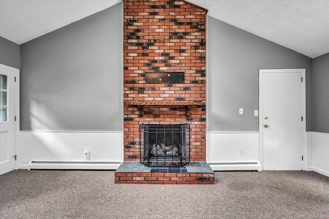 7 Lorraine Rd, Manchester, CT 06040 - unfurnished living room featuring vaulted ceiling, a baseboard radiator, carpet, a brick fireplace, and a textured ceiling