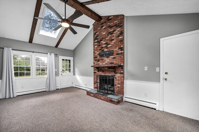 7 Lorraine Rd, Manchester, CT 06040 - unfurnished living room with a baseboard radiator, ceiling fan, carpet, a skylight, and beam ceiling