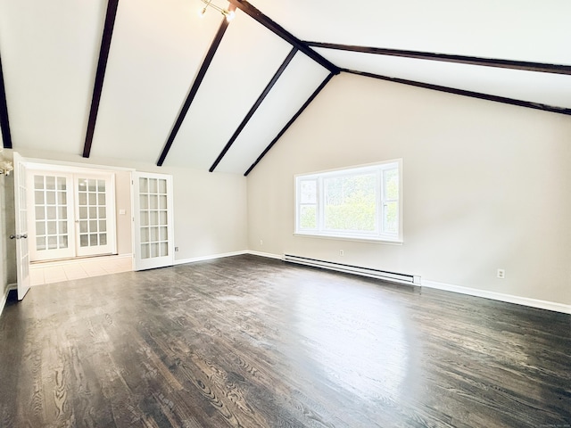 10 Meadowpark Ave W, Stamford, CT 06905 - unfurnished living room featuring a baseboard heating unit, wood finished floors, and french doors