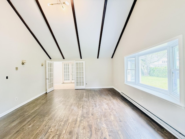 10 Meadowpark Ave W, Stamford, CT 06905 - unfurnished living room with a baseboard heating unit, beamed ceiling, wood finished floors, french doors, and high vaulted ceiling