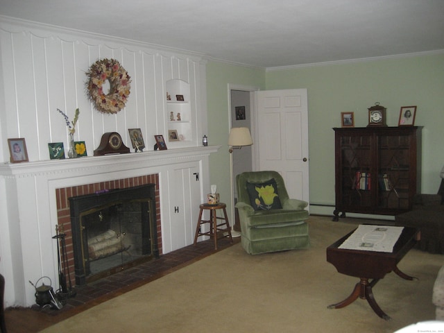 46 Wayne St, Norwich, CT 06360 - living area with a brick fireplace, carpet floors, a baseboard heating unit, and ornamental molding