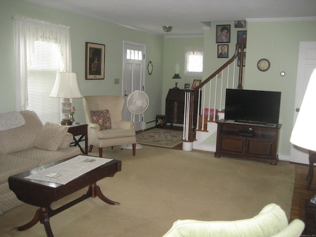 46 Wayne St, Norwich, CT 06360 - living room with crown molding, stairs, and carpet flooring