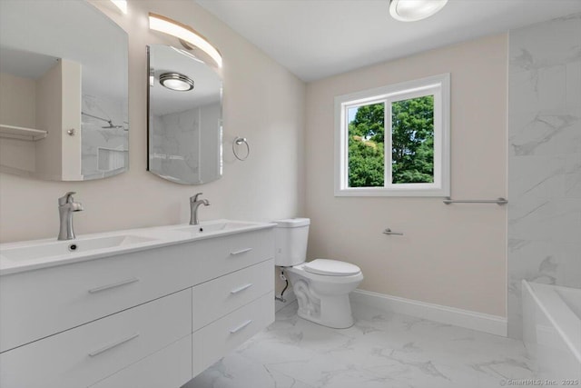 219 Browning Rd, Norwich, CT 06360 - bathroom with marble look tiles, double vanity, and shower / tub combination