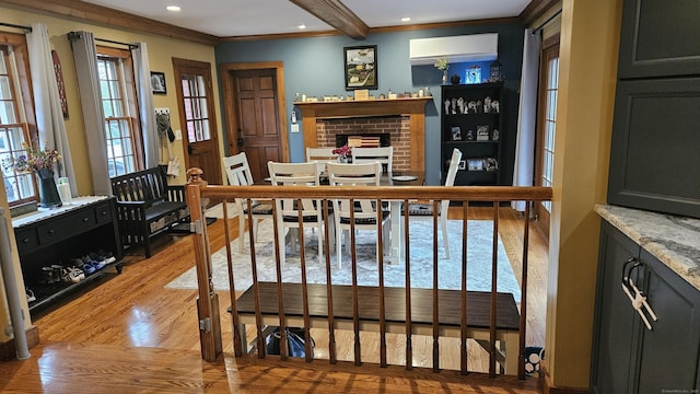 222 Gilead St, Hebron, CT 06248 - interior space with light wood-type flooring, crown molding, a fireplace, recessed lighting, and beamed ceiling