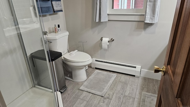 222 Gilead St, Hebron, CT 06248 - full bath with baseboard heating, a stall shower, and wood finished floors